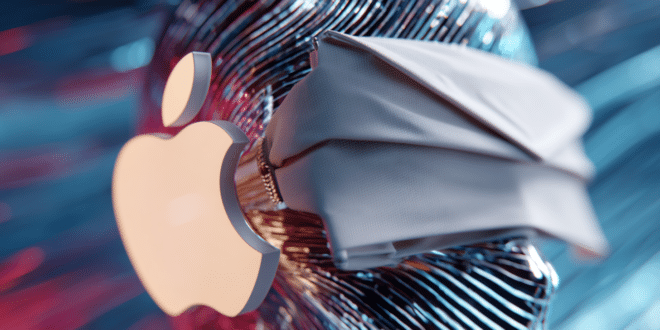 Une tête technologique (une IA) avec le logo d'Apple portant un bandeau en forme d'enveloppe sur les yeux