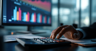Mains d’une personne utilisant une calculatrice devant un graphique de marge bénéficiaire dans un cadre de travail moderne.