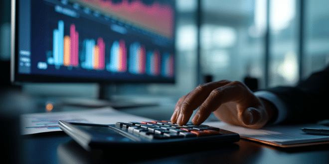 Mains d’une personne utilisant une calculatrice devant un graphique de marge bénéficiaire dans un cadre de travail moderne.