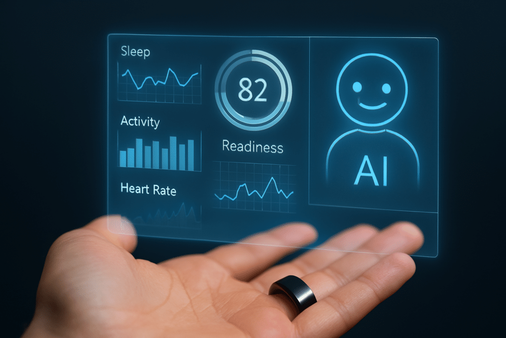 Une main portant une bague avec l'interface holographique offert par