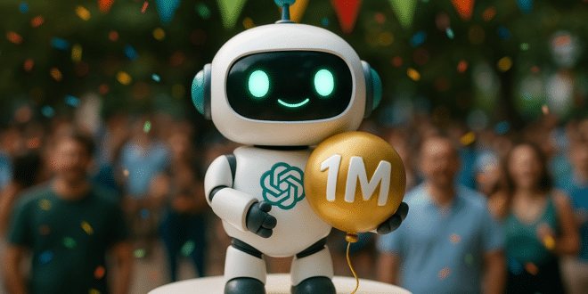 Un chatbot avec un ballon 1M à la main et ses utilisateurs en arrière plan