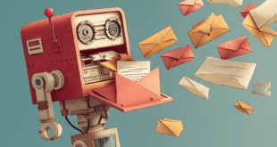 Un robot imprimant des lettres dans des enveloppes pour illustrer les spams crées par ChatGPT