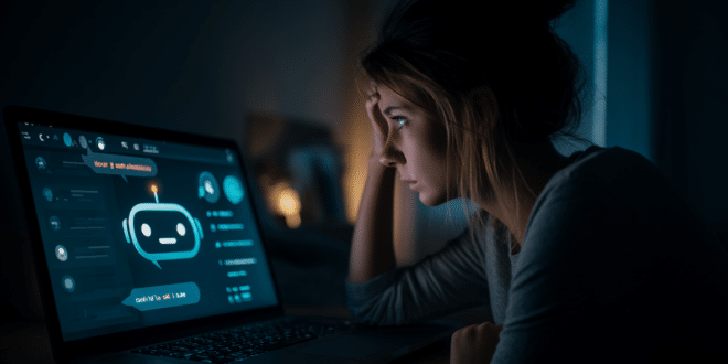 une femme frustrée devant le bug du chatbot sur son ordi
