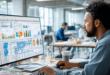Professionnel analysant des données B2B enrichies sur grand écran dans un bureau moderne, avec graphiques visibles et ambiance studieuse.