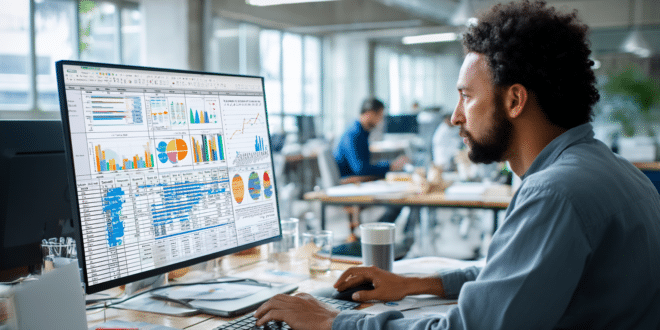 Professionnel analysant des données B2B enrichies sur grand écran dans un bureau moderne, avec graphiques visibles et ambiance studieuse.