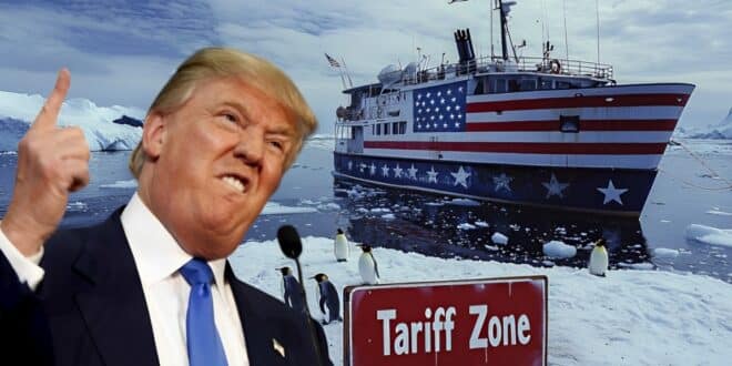 Un montage photo montrant Donald Trump et un bateau aux couleurs américaines devant une île peuplée de pingouins