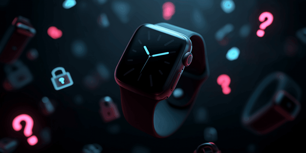 Montre connectée au centre d'un fond sombre, entourée d'icônes de cadenas et de points d'interrogation, qui symbolisent les défis de la confidentialité.