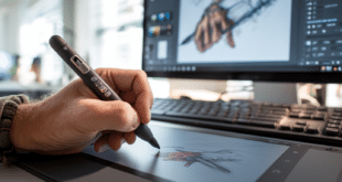 Main posée sur une tablette graphique avec un modèle 3D en cours d’élaboration à l’écran, dans un cadre de travail professionnel.