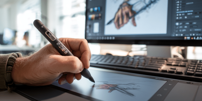 Main posée sur une tablette graphique avec un modèle 3D en cours d’élaboration à l’écran, dans un cadre de travail professionnel.