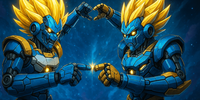 Deux robots illustrant Veo et Gemini qui fusionnent