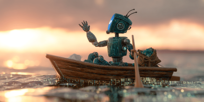 Un robot IA (GPT-4.5) qui dit adieu sur un petit bateau
