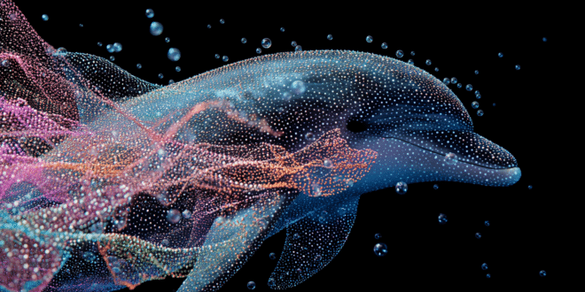 un dauphin avec des bulles sonores (représentant ses vocalisations) analysées par un réseau de neurones coloré ou une forme stylisée de LLM
