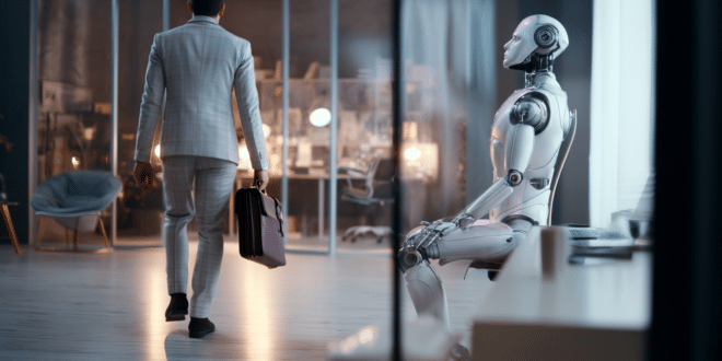 Un homme qui quitte son bureau, il est remplacé par un robot IA