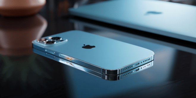 Image conceptuelle élégante d’un iPhone 17 Pro flottant en lumière tamisée, dans sa nouvelle teinte Bleu ciel (YuangFeng Blue)