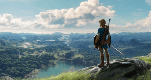 Link de Zelda debout au sommet d’une colline avec une arme