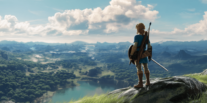 Link de Zelda debout au sommet d’une colline avec une arme