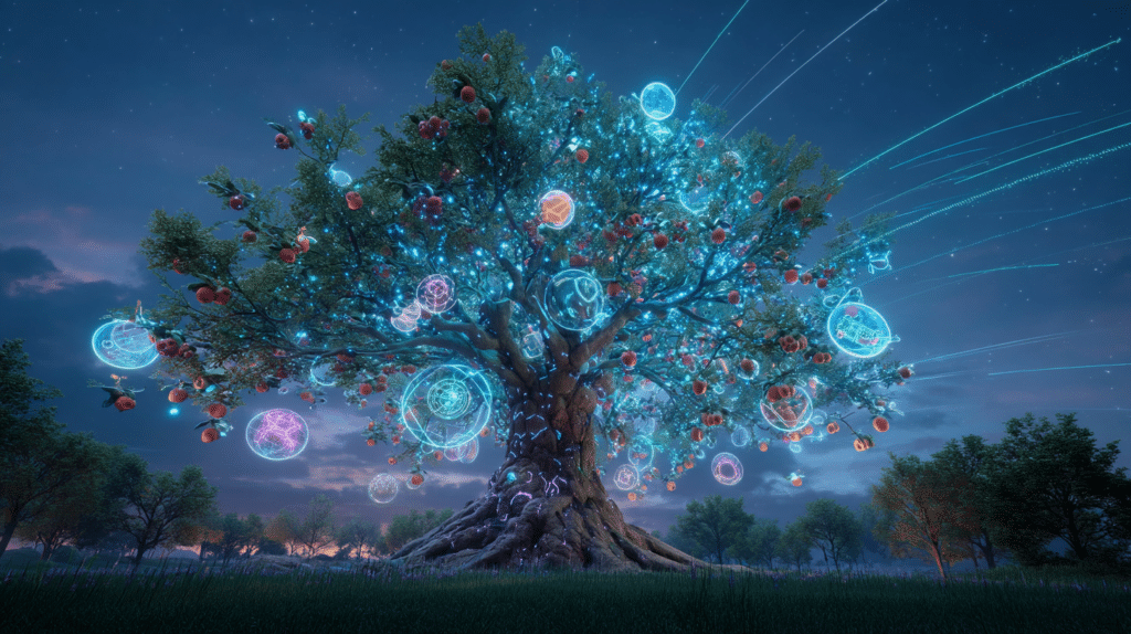 Un arbre géant dans un monde VR, dont les branches portent des hologrammes objets 3D, de ciels animés, des textures et des scripts comme des fruits prêts à cueillir