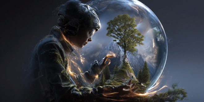 Un développeur regarde une boule de cristal dans laquelle on voit apparaître un univers 3D