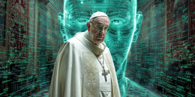 Le pape François devant un hologramme de l'IA