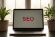 Bureau écoresponsable avec un ordinateur montrant “SEO” en rouge, encadré par deux plantes vertes.