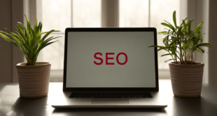 Bureau écoresponsable avec un ordinateur montrant “SEO” en rouge, encadré par deux plantes vertes.