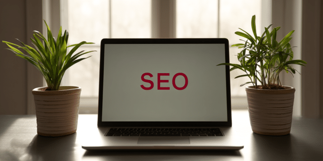 Bureau écoresponsable avec un ordinateur montrant “SEO” en rouge, encadré par deux plantes vertes.