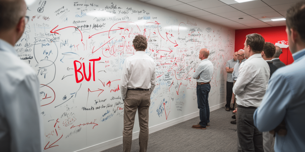 Tableau blanc stratégique avec données, flèches et “BUT” inscrit en grand en rouge dans une salle de réunion d'entreprise.