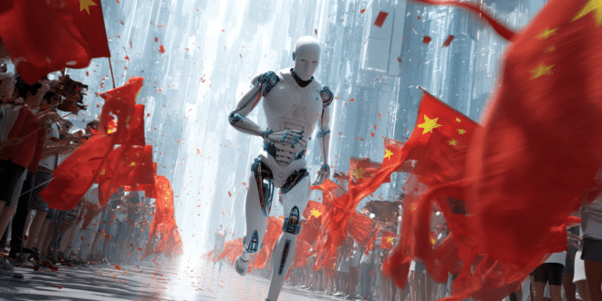 Un robot humanoïde en pleine course, entouré de spectateurs humains, sous des drapeaux chinois flottants, dans un stade high-tech ou une rue urbaine stylisée.