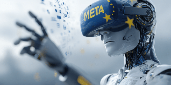 Un robot humanoïde portant un casque de réalité virtuelle estampillé Meta, tendant la main vers une carte de l’Europe recouverte d’icônes de données personnelles