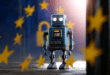Un robot qui représente Grok AI placé au centre de l’image, encerclé d’étoiles jaunes façon drapeau de l’UE qui viol le RGPD