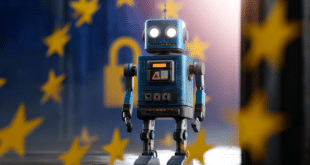Un robot qui représente Grok AI placé au centre de l’image, encerclé d’étoiles jaunes façon drapeau de l’UE qui viol le RGPD
