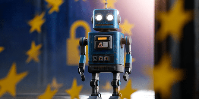 Un robot qui représente Grok AI placé au centre de l’image, encerclé d’étoiles jaunes façon drapeau de l’UE qui viol le RGPD