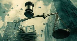 Une balance de justice avec un énorme marteau de juge frappant une pile de billets qui indique l'amende d'Apple