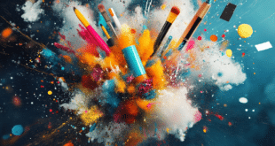 Une explosion de couleurs et d’icônes créatives comme des pinceaux, photos illustrant la création d'images sur ChatGPT gratuit
