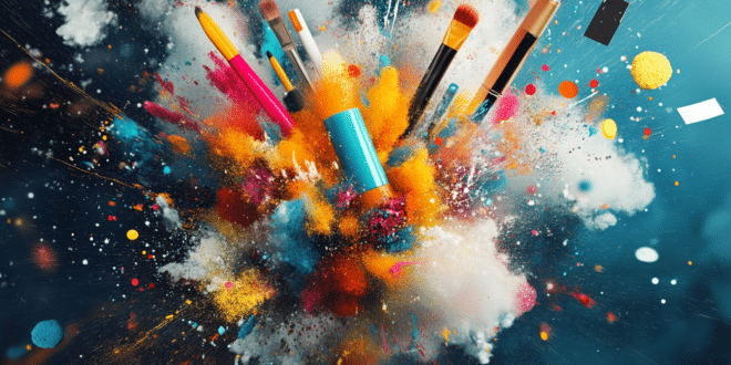 Une explosion de couleurs et d’icônes créatives comme des pinceaux, photos illustrant la création d'images sur ChatGPT gratuit
