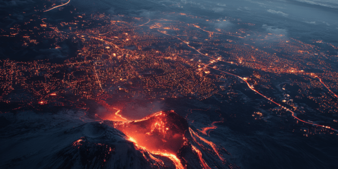 Un volcan et une ville juste devant