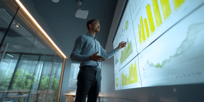 Responsable RSE en réunion, expliquant les indicateurs ESG sur écran tactile dans un cadre professionnel et connecté.