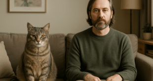 Un chat et un homme assez similaire assis sur le canapé