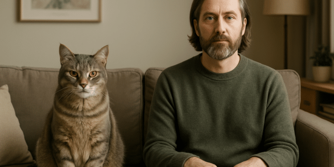 Un chat et un homme assez similaire assis sur le canapé
