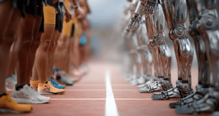 Des robots humanoïdes bipèdes et des athlètes humains en face à face sur une piste de course