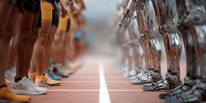 Des robots humanoïdes bipèdes et des athlètes humains en face à face sur une piste de course