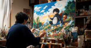 Un dessinateur japonais devant une toile