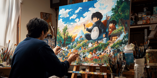Un dessinateur japonais devant une toile