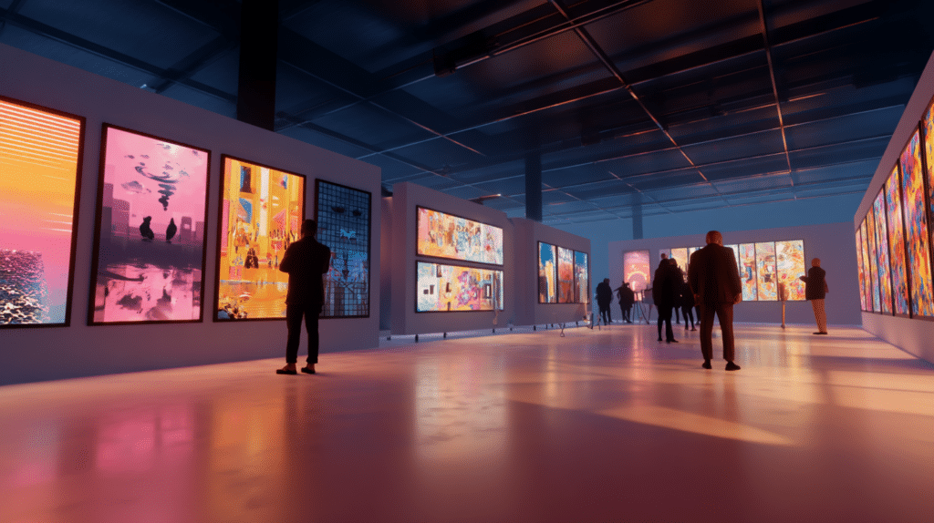 Une galerie artistique numérique avec des images IA dans un cadre muséal ou une exposition moderne