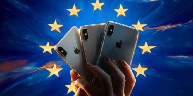 une main tenant 3 iPhone au milieu des étoiles du drapeau européen