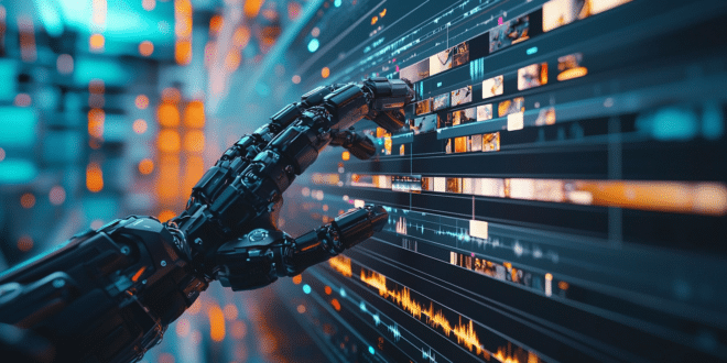 Une main de robot sur un écran montrant une chronologie dans le logiciel DaVinci Resolve 20
