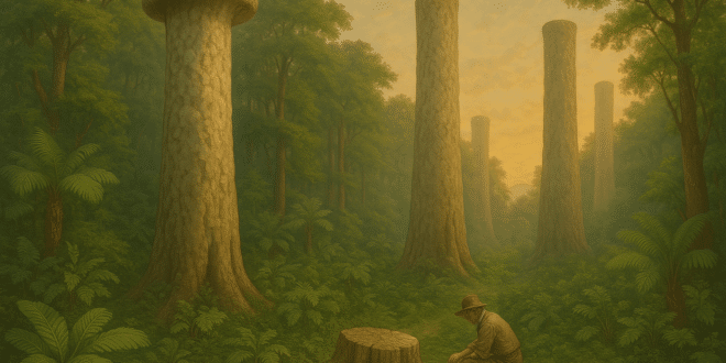photo d'un forêt de prototaxites avec un chercheur en train de l'étudier
