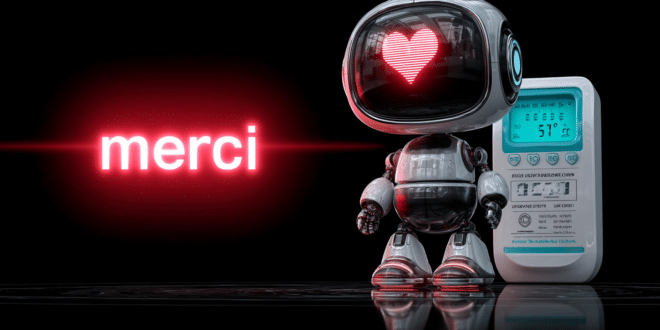 Un petit robot IA avec un cœur rouge affiché sur son écran parce que des gens polis lui ont dit « merci »
