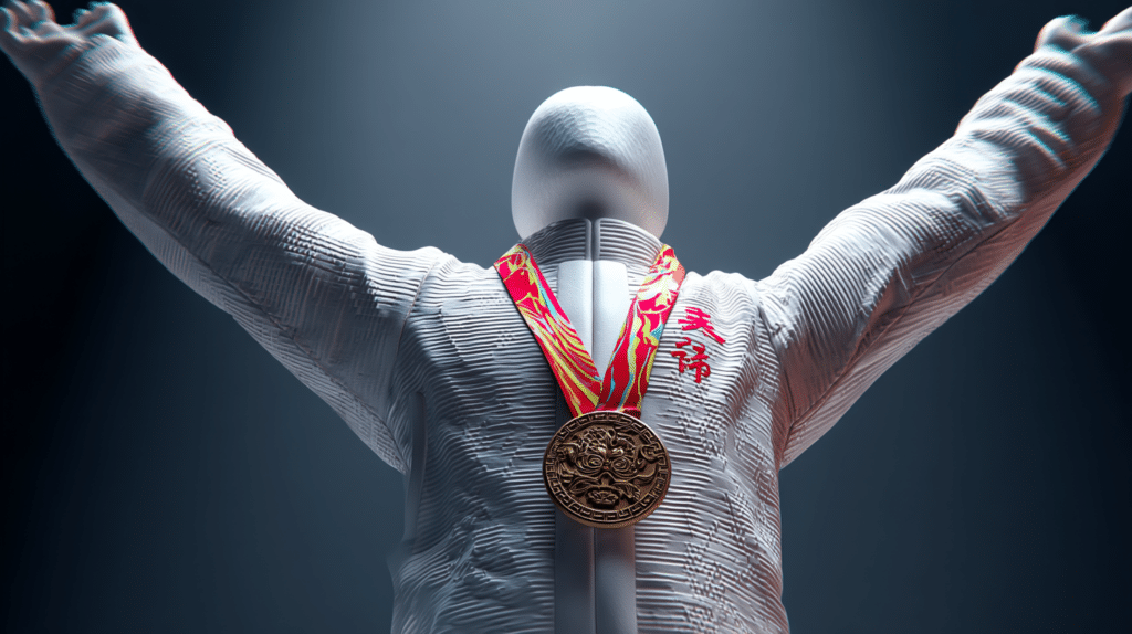 Un robot portant une médaille, les bras de vainqueur en l'air