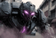 un gigantesque robot aux yeux violet lumineux